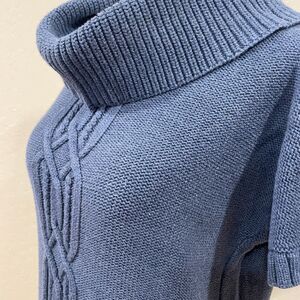 ~ ATHLETA Tisbury Cowl Neck Sweater L Tunic Cable Knit Short Sleeve Blue Womens*
